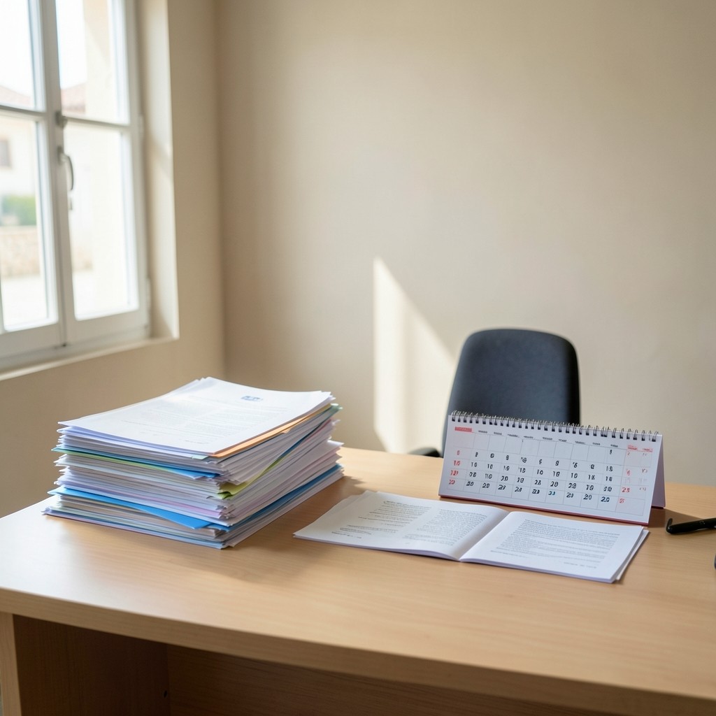 Mesa de consulta con expedientes académicos y agenda en un despacho luminoso de Ontinyent