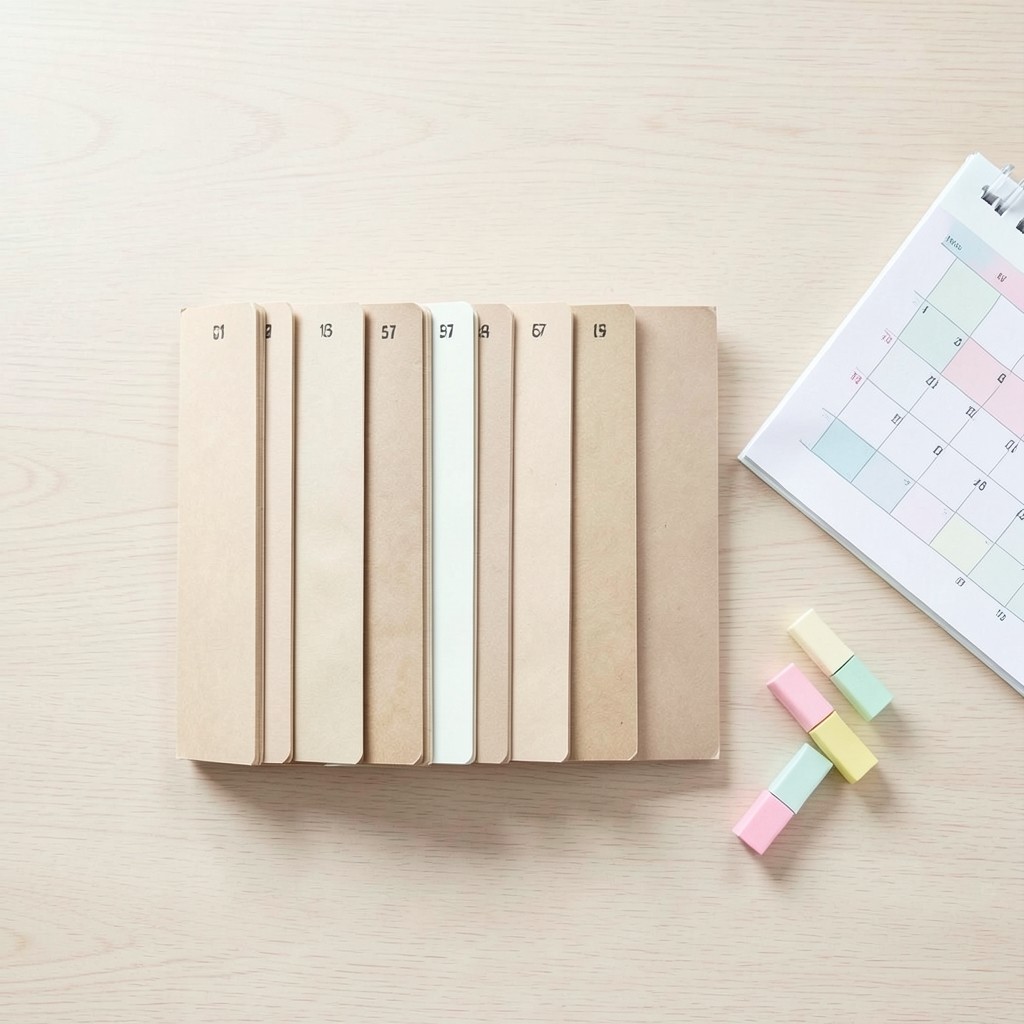 Línea de trabajo con carpetas numeradas y calendario de trámites sobre mesa de madera clara
